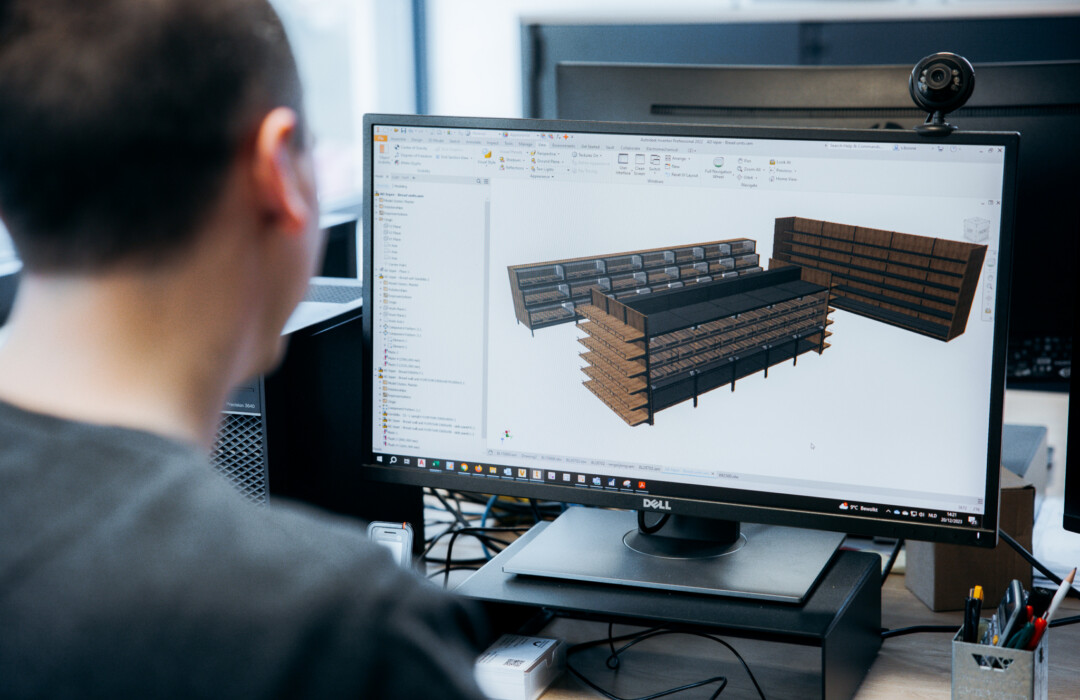 3D render of modular retail shelving system with wooden shelves and metal frame displayed in design software