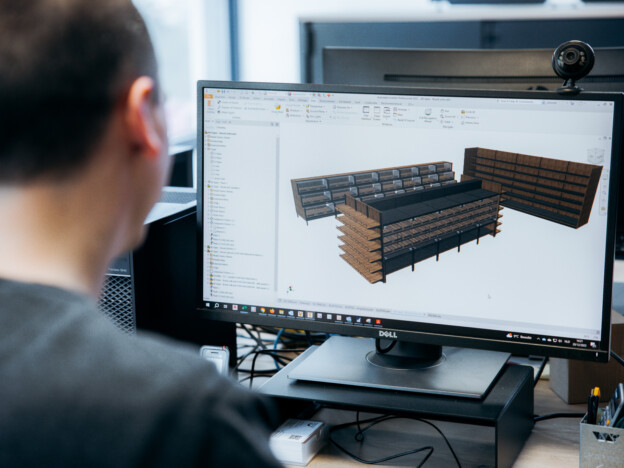 3D render of modular retail shelving system with wooden shelves and metal frame displayed in design software