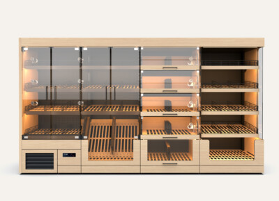 Gondola shelving unit with integrated bread display drawers, warm lighting, and glass doors across multiple shelf levels