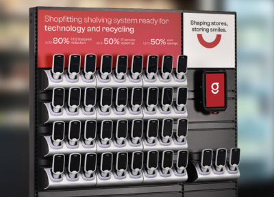 Gondella Smart Shelving 4 display unit with smartphone holders and recycling information for retail technology integration