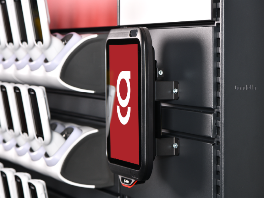 Mobile smart shelving display with red touchscreen interface mounted on black retail gondola unit