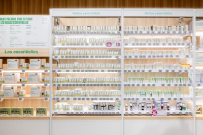 Pitch 25 shelving displaying essential oils in health & beauty retail environment at Medi-Market