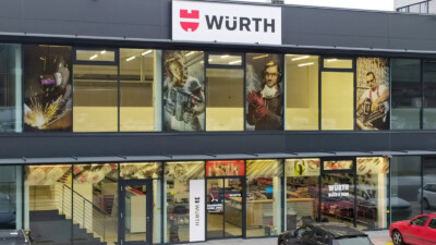 Würth retail storefront with two-level shopfitting displaying tools, workwear and industrial products