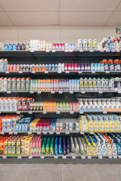 Pitch 25 shelving displaying cleaning and laundry products in supermarket setting
