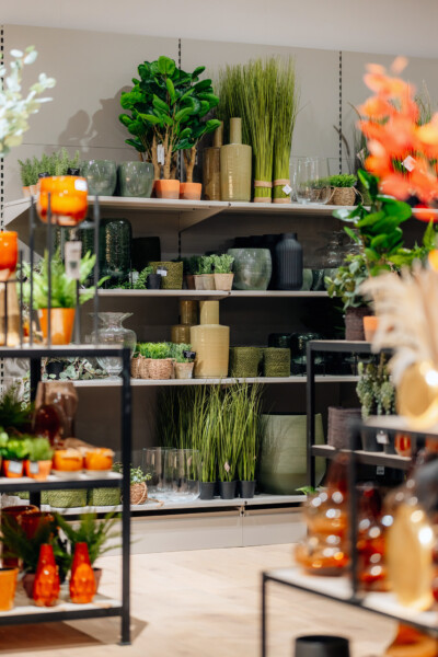 Garden center display with potted plants, tall ornamental grasses, ceramic vases, and decorative accessories on white shelving