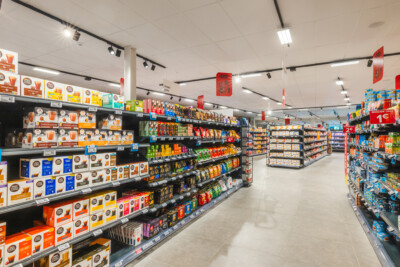 Carrefour Market beverage and grocery shelving with Nescafé products, cooled displays, and retail fixtures in supermarket aisle