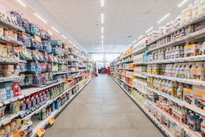 Delhaize supermarket aisle with refrigerated dairy and condiment shelving displaying milk, yogurt and sauces