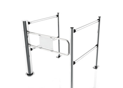 Metal access gate with swing barrier and transparent panel for retail checkout areas