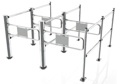 Modular queue management system with stainless steel posts and curved barriers for retail checkout areas