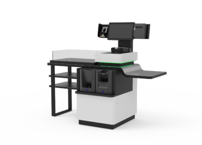 Self-service checkout counter with integrated payment terminal and bagging area