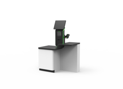 Self-service checkout counter with integrated payment terminal and curved counter design