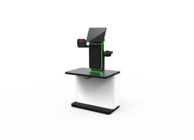 Self-service checkout counter with integrated teleprompter display and card reader
