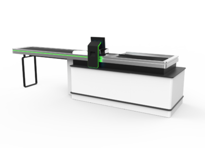 SLIM Belted checkout counter with green accents and conveyor belt system