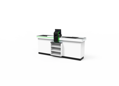 SLIM checkout counter with white base, black accents, and integrated storage drawers