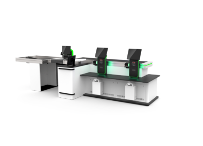 SLIM Merge self-checkout counter system with three stations, green lighting, and integrated refrigerated storage