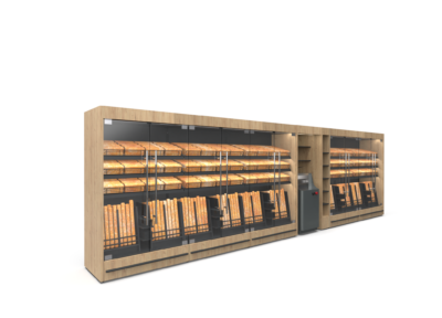 Bakery display case with illuminated shelves holding bread loaves and packaged goods, wooden frame with glass doors
