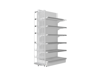 Pitch 25 gondola shelving unit with six shelves and protective mesh back panel