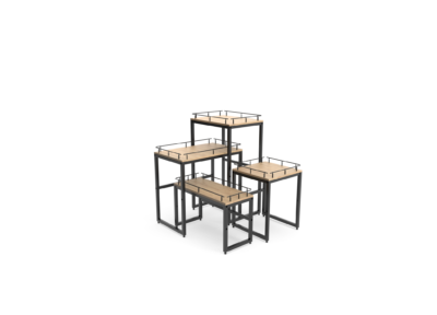 Four stackable wooden tables with black metal frames, arranged in nested formation for compact storage