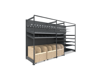 Aardappel modular custom furniture with light wood storage base, black metal frame, and integrated shelving for retail display