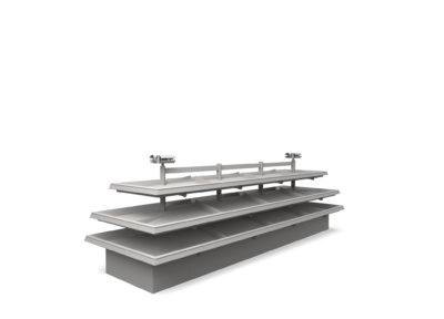 Pitched retail display counter with multi-tiered shelving and safety rail for fresh produce
