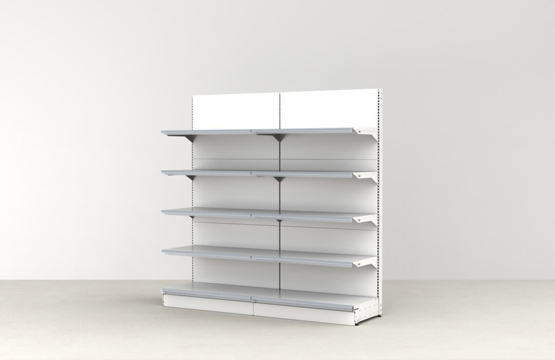 Pitch 25 mural shelving system, 2-meter white unit with 5 metal shelves and divider