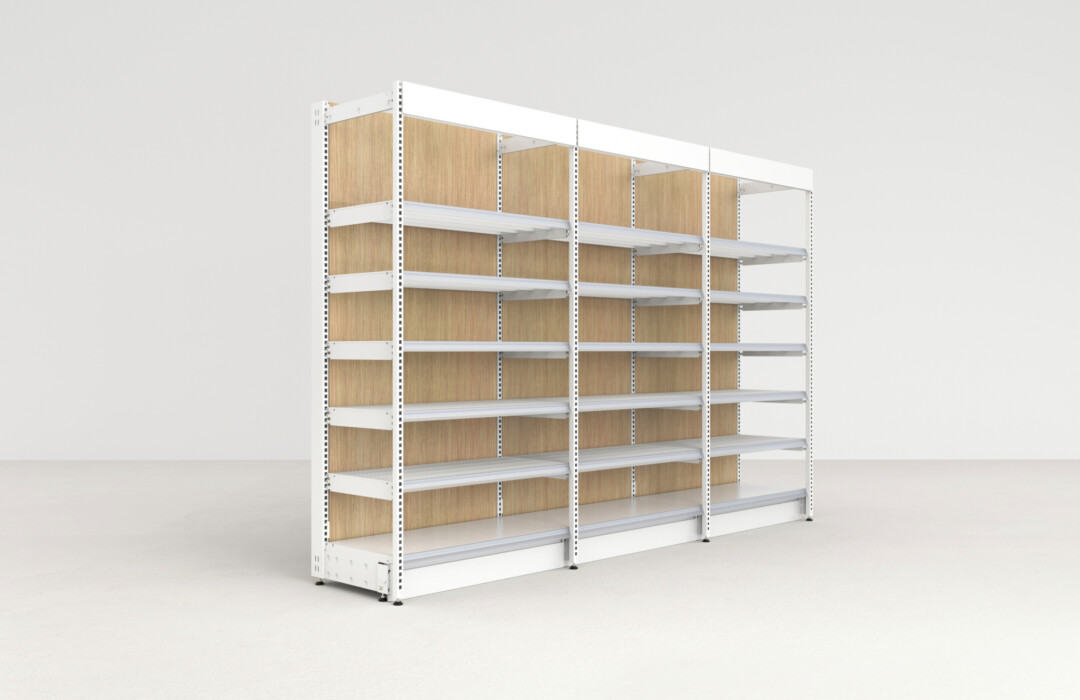 Pitch 25 mural shelving system with white frame and wooden back panels, 6 shelves