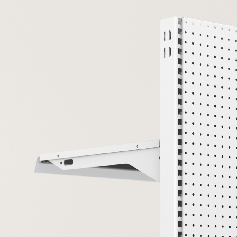 Pitch 25 shelving unit white bracket detail with perforated panel