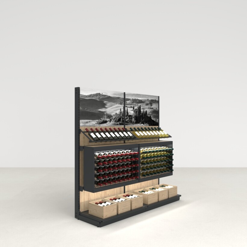 Pitch 25 wine display unit with angled top shelf, refrigerated storage and wooden base fixtures