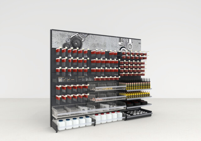 Pitch 41 shelving unit in black with red bins, yellow bottles, and white containers for DIY retail display