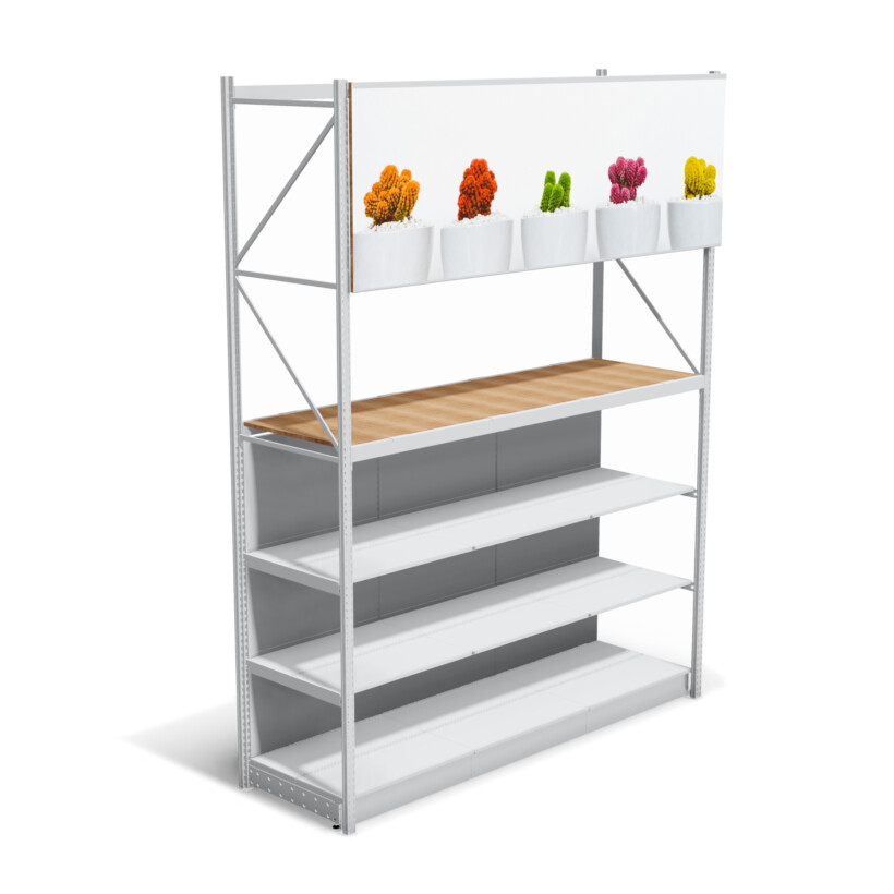 Pitch 25 shelving system with potted plants display on top shelf and white shelves below