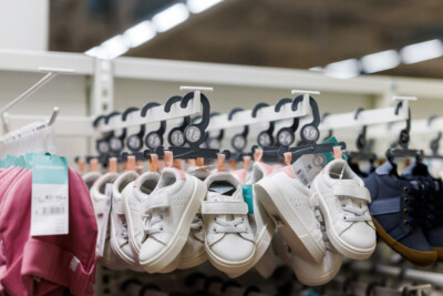 Children's white sneakers displayed on black hangers with size tags in retail shoe section